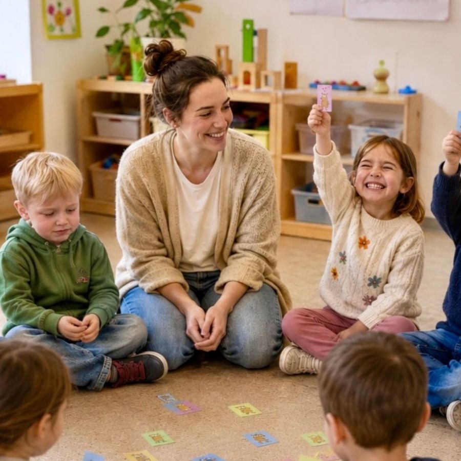 Pädagogin und Kinder arbeiten mit den Gefühlskarten von Gemeinsam stark werden