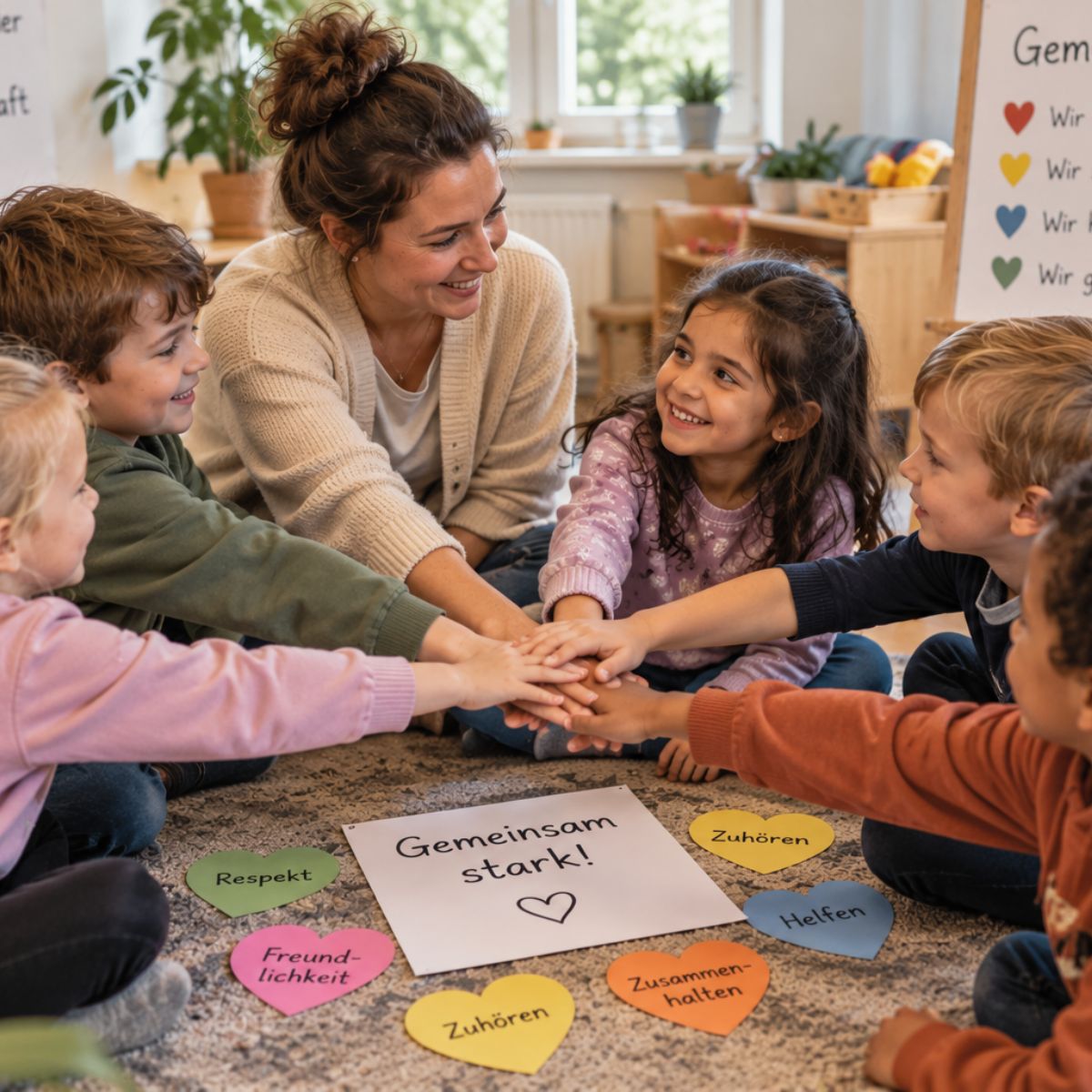 Pädagogin und Kinder sitzen gemeinsam im Kreis und legen ihre Hände übereinander