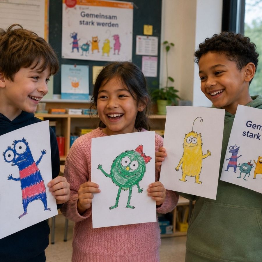 Kinder zeigen selbst gemalte Monsterzeichnungen in der Schule
