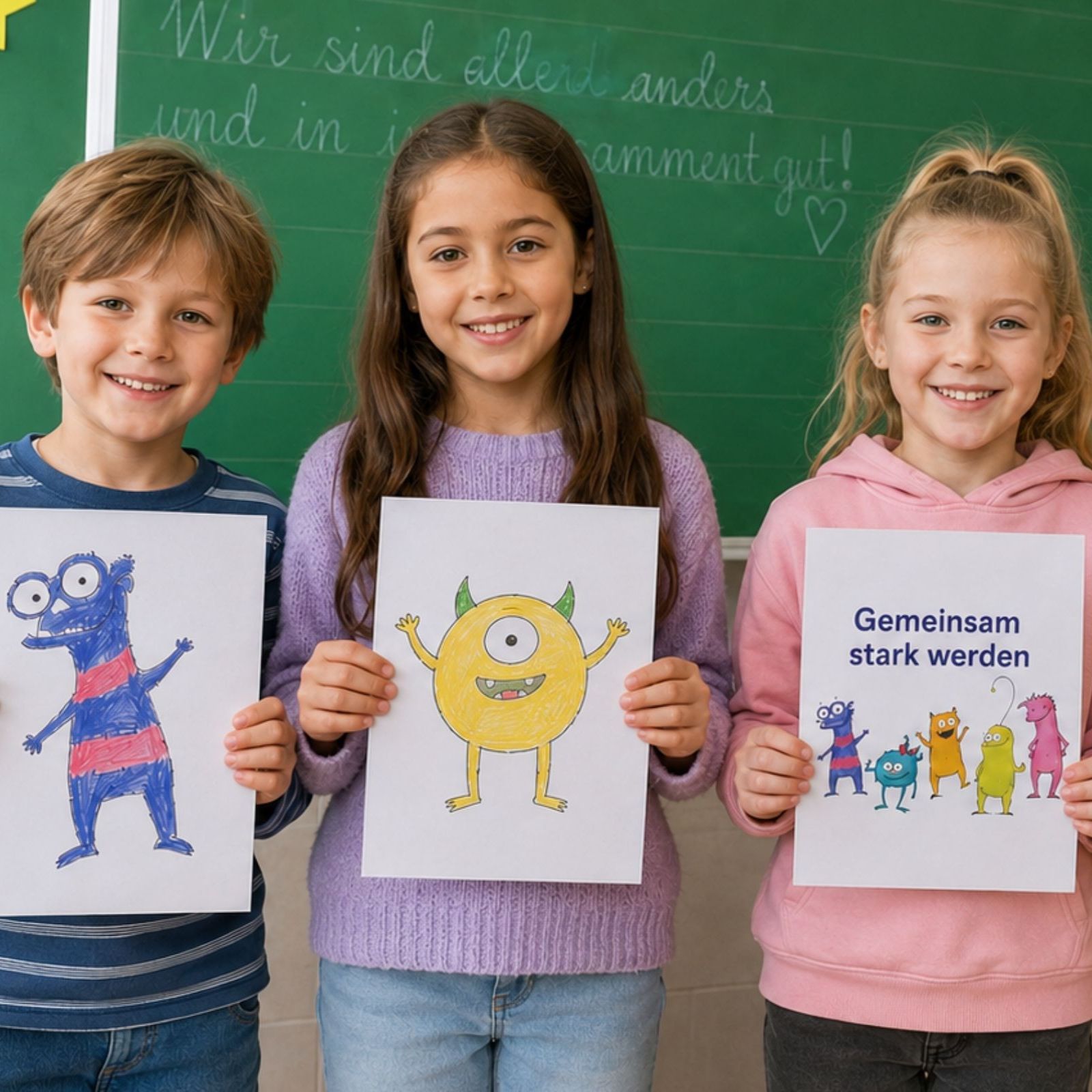 Kinder in der Schule präsentieren Zeichnungen zum Programm Gemeinsam stark werden