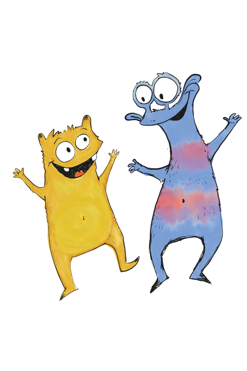 Braunes, blaues und pink gestreiftes Monster zeigen Freude