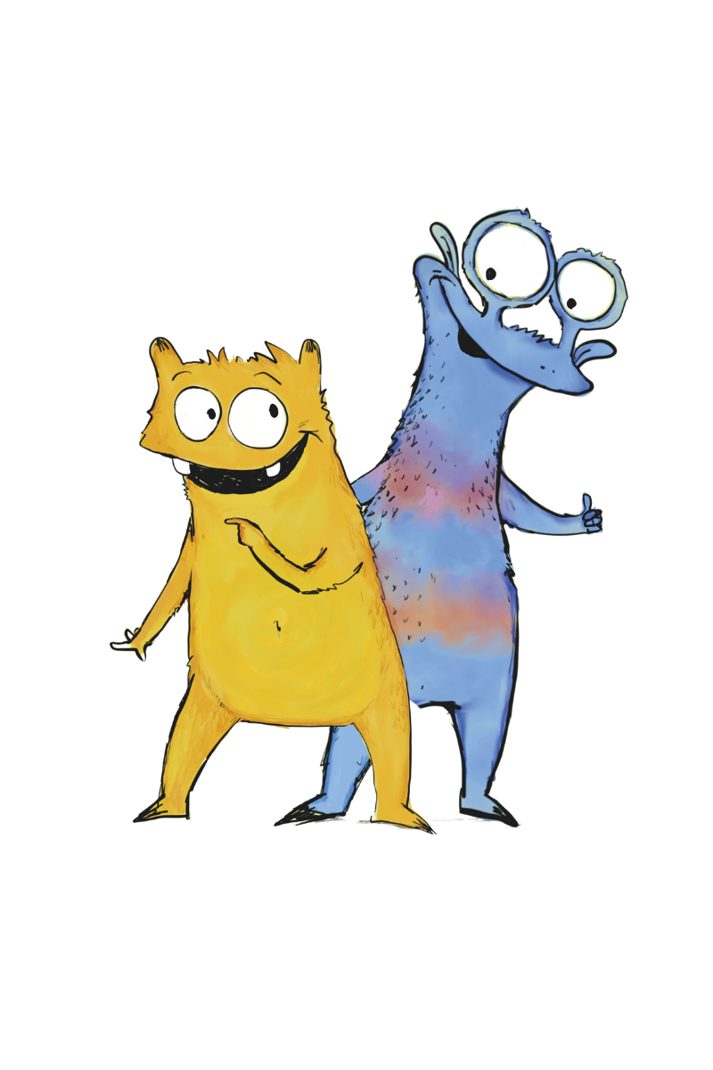 Braunes, blaues und pink gestreiftes Monster zeigen Neugierde