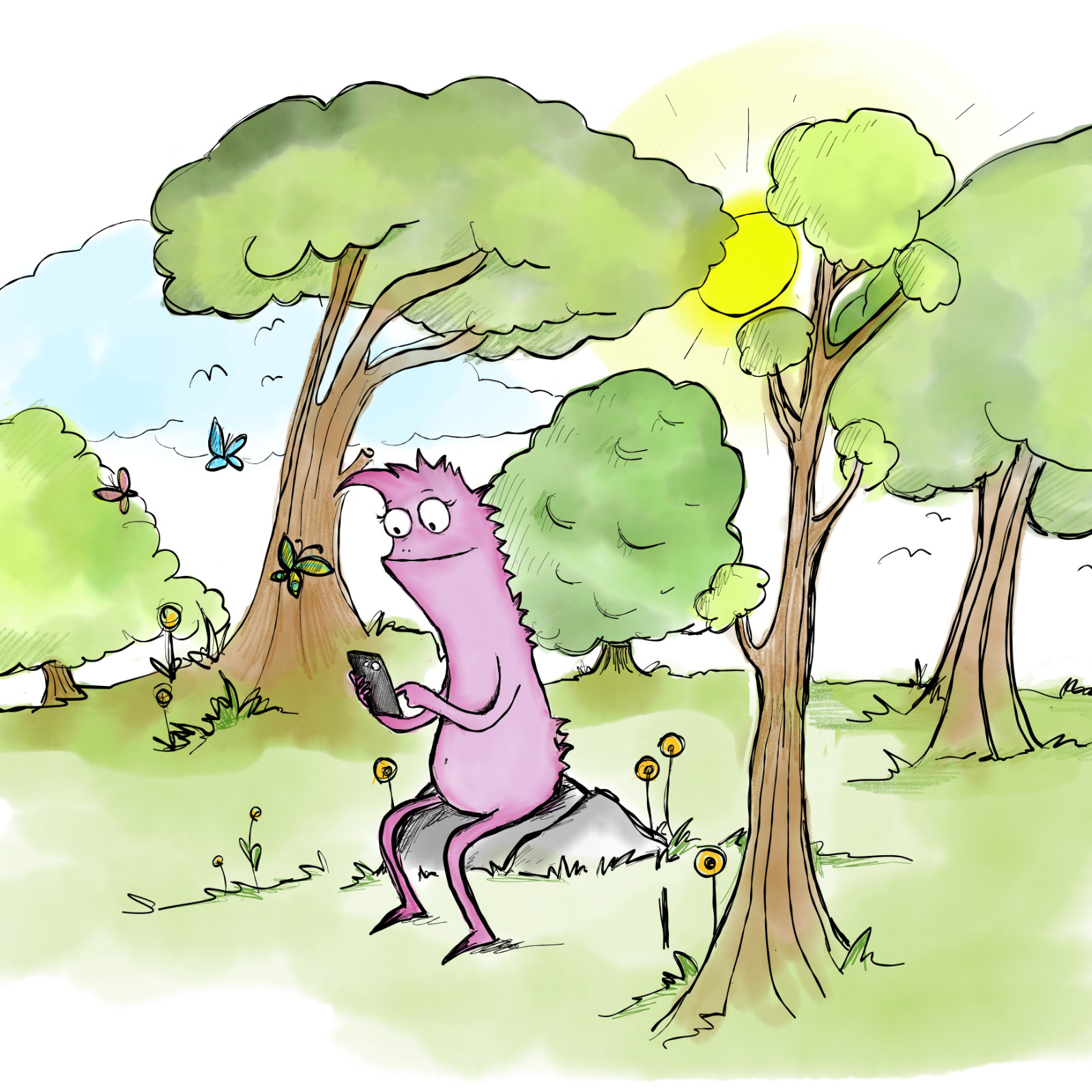 Pinkes Monster mit Smartphone in einer grünen Gartenlandschaft