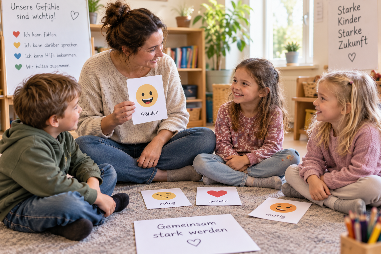 Eine Pädagogin sitzt mit drei Kindern im Kreis auf dem Teppich und hält lächelnd eine Emotionskarte mit der Aufschrift „fröhlich“ hoch, vor ihnen liegen weitere Karten mit „ruhig“, „geliebt“ und „mutig“, an der Wand hängen Plakate mit „Unsere Gefühle sind wichtig!“ und „Starke Kinder, starke Zukunft“