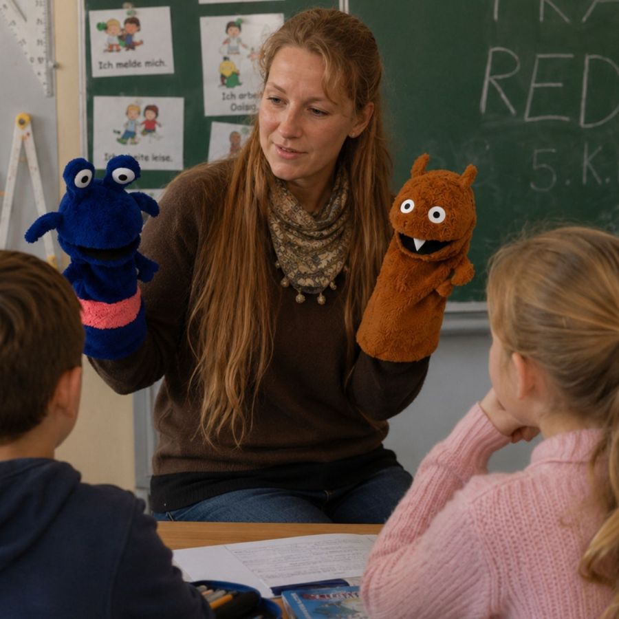 Eine Pädagogin spielt im Klassenzimmer mit zwei Monster-Handpuppen, einer blauen und einer braunen, zwei Kinder sitzen ihr gegenüber am Tisch und hören aufmerksam zu