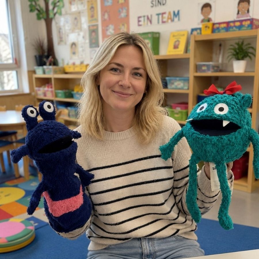 Eine lächelnde Pädagogin hält in einem Klassenraum zwei Monster-Handpuppen hoch, links eine dunkelblaue, rechts eine türkise