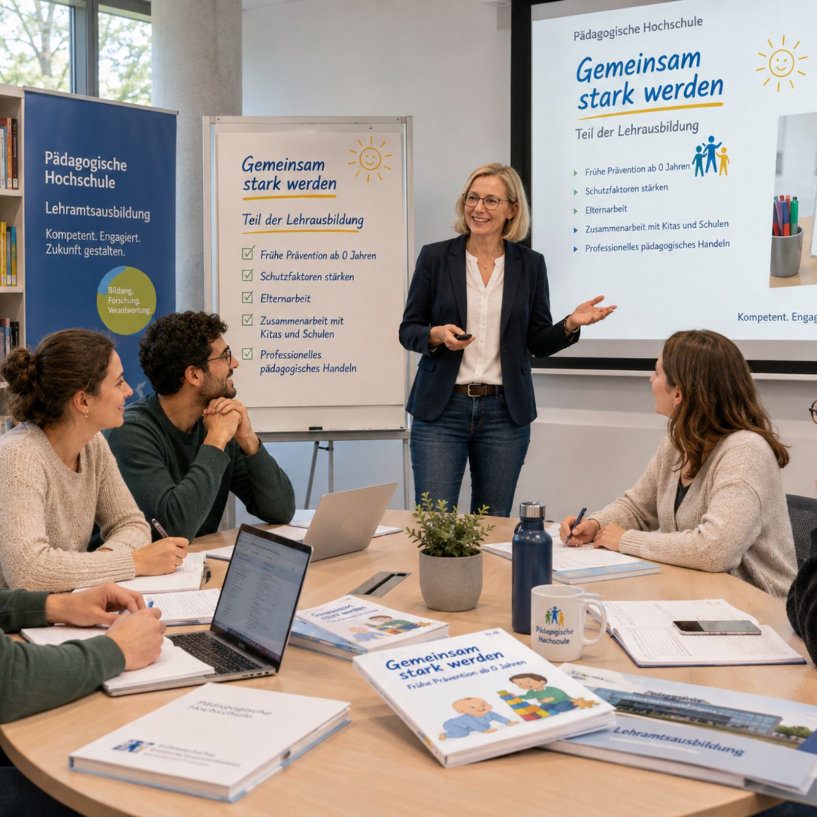 Eine Referentin stellt an einer Pädagogischen Hochschule Studierenden am Besprechungstisch Gemeinsam stark werden als Teil der Lehrausbildung vor, im Hintergrund zeigen Plakate und eine Präsentation Themen wie frühe Prävention ab 0 Jahren, Schutzfaktoren und Elternarbeit