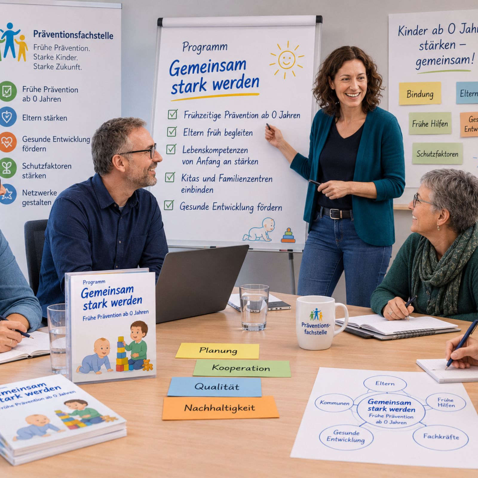 Eine Referentin einer Präventionsfachstelle stellt Fachleuten an einem Besprechungstisch Gemeinsam stark werden vor und zeigt auf ein Flipchart mit Zielen wie frühzeitige Prävention ab 0 Jahren, Eltern früh begleiten und Lebenskompetenzen von Anfang an stärken, auf dem Tisch liegen Programmhefte und Karten mit Planung, Kooperation, Qualität und Nachhaltigkeit