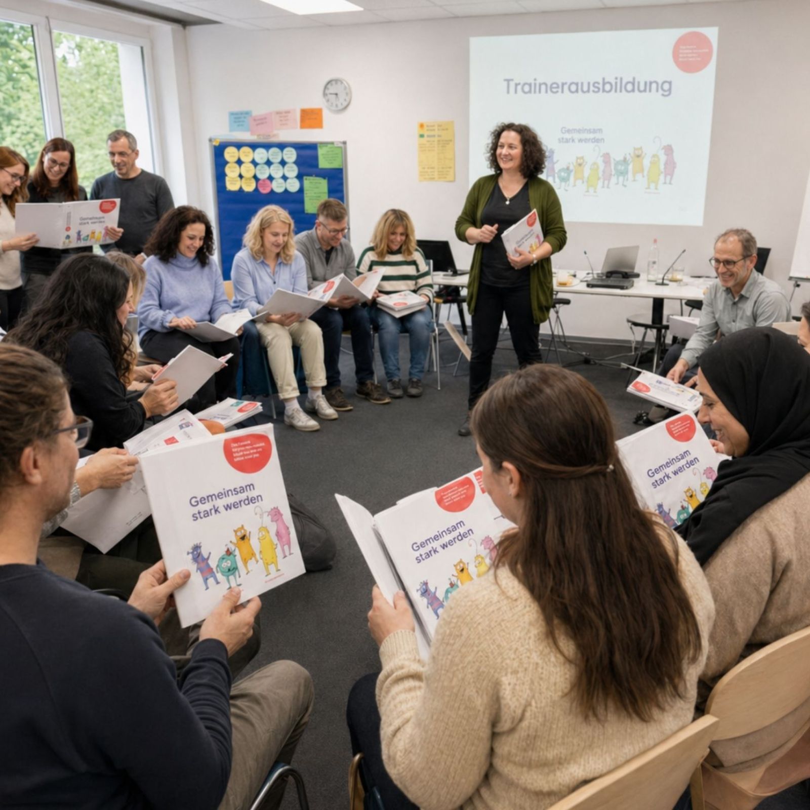 Eine Trainerin steht in der Mitte eines Seminarraums vor einer Projektion mit der Aufschrift „Trainerausbildung“, rundherum sitzen die Teilnehmenden im Kreis und blättern lächelnd in den Materialien von Gemeinsam stark werden
