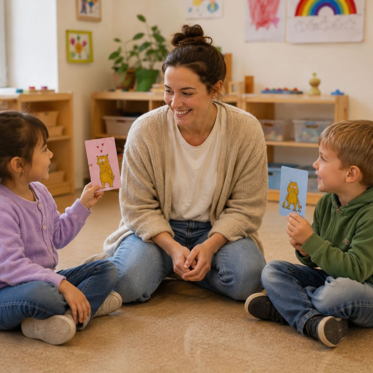 Eine lächelnde Lehrerin sitzt mit zwei Kindern im Schneidersitz am Boden, die Kinder halten ihr Karten mit gezeichneten Figuren entgegen