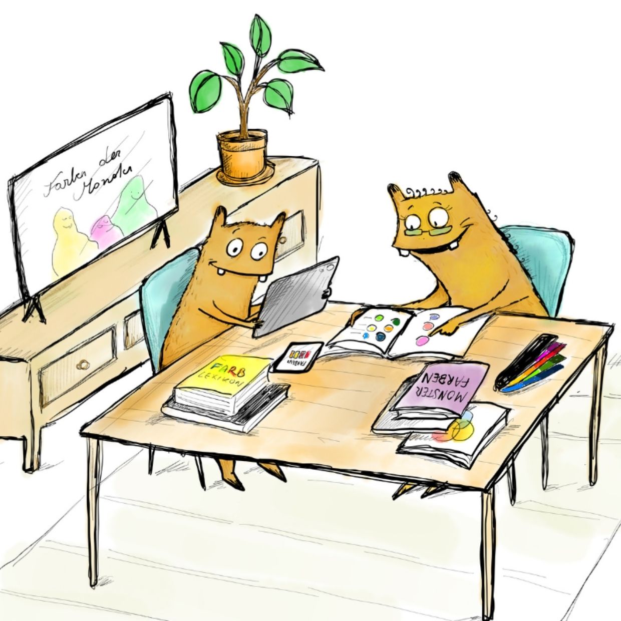 Zwei braune Monster von Gemeinsam stark werden sitzen an einem Schreibtisch und recherchieren gemeinsam: Eines schaut auf ein Tablet, das andere liest mit Brille in einem aufgeschlagenen Buch, auf dem Tisch liegen ein Farblexikon, ein Heft über Monsterfarben und Buntstifte